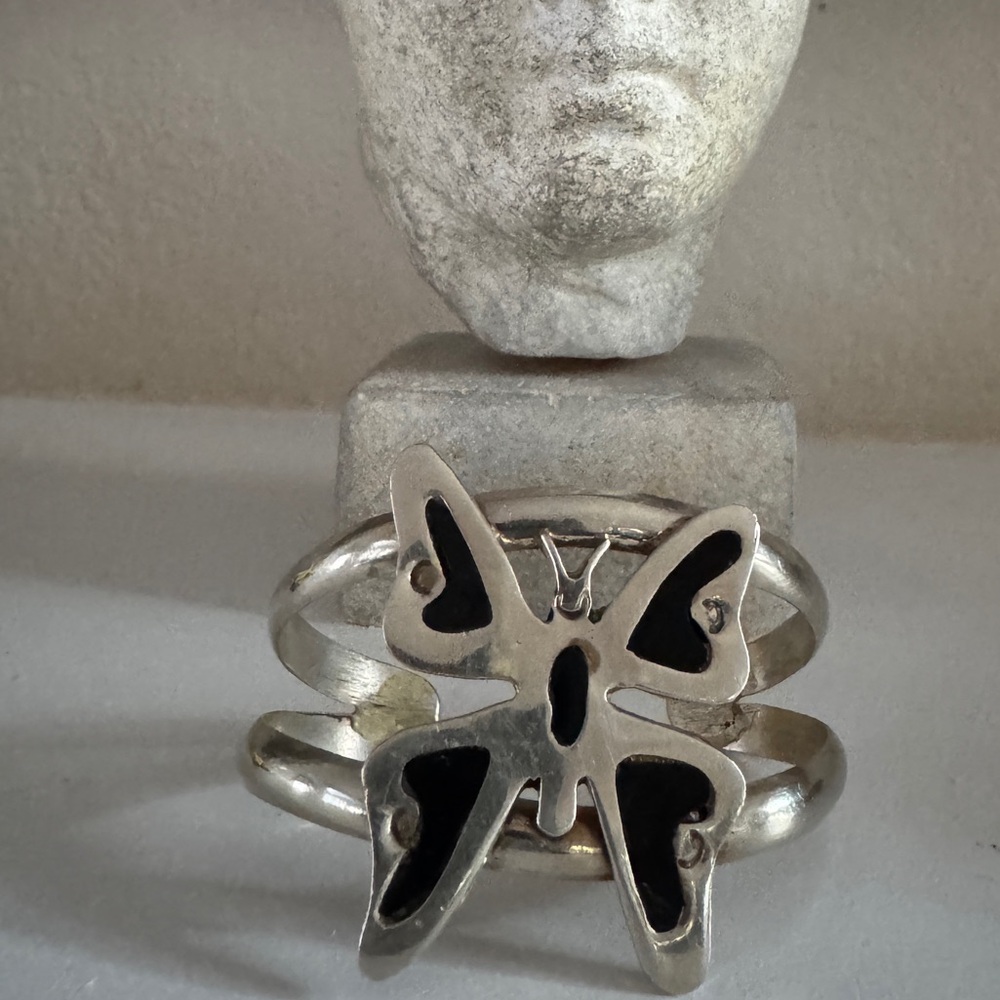 Vintage‎ Alpaca Silver Butterfly Cuff Bracelet Black Inlay
